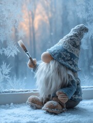 Winter gnome holding a paintbrush while sitting by frost-covered window  