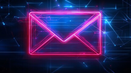 A neon pink email icon glows brightly against a dark blue background with geometric lines and shapes.