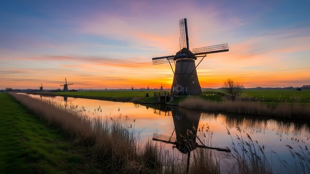 Iconic Dutch windmills stand tall against vibrant sunset sky, reflecting in calm canal waters, serene landscape, historic European landmark, tourism, travel, Netherlands countryside panorama - Powered by Adobe