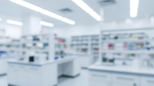 Blurred modern pharmacy interior background | Abstract white medical lab bokeh effect | Clean clinical environment wallpaper design | Out of focus sterile science research room