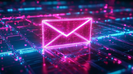 A neon pink email icon glows brightly on a futuristic circuit board background with blue and pink lights