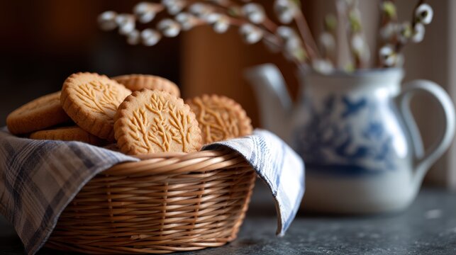 english tea time decor, traditional english pax cakes in a basket on a stone countertop, with a teapot and pussy willow branches, in warm lighting