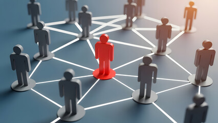 3D render of network connections with red leader figure | Visualizing organizational structure and hierarchy | Concept of standing out from the crowd and individuality | Centralized business