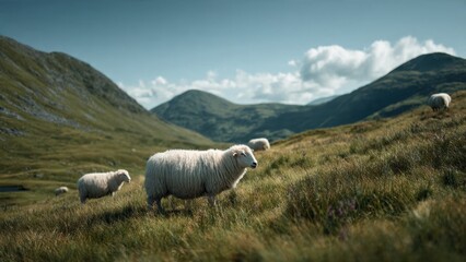 Obraz premium Sheep grazing in a lush mountain pasture