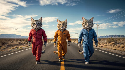 Obraz premium Funny anthropomorphic cats walking confidently on highway in vibrant colored suits in desert scene