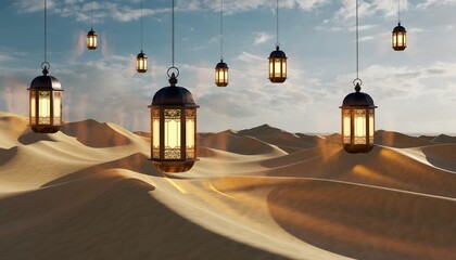 Obraz premium Oversized Lanterns Drifting Gently from Desert Sand Creating a Surreal, Dreamlike Night Landscape