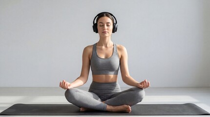 Woman in lotus pose meditating with wireless headphones on yoga mat. Practicing mindful body awareness and relaxation. Yoga for self-improvement and inner peace concept. Digital wellness technology