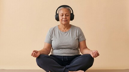 Senior African American woman meditating cross-legged with headphones. Listening to guided audio for mindfulness and body awareness. Yoga practice for inner peace and self-improvement.