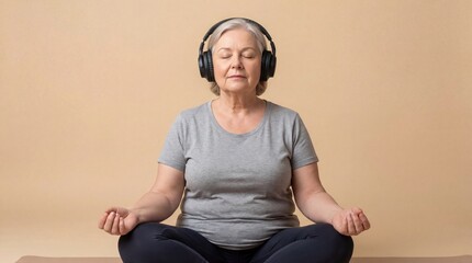 Elderly woman meditating with headphones in lotus pose for mindful listening and self-improvement. Serene senior female practicing yoga relaxation and inner body awareness concept.