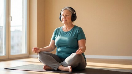 Senior woman in lotus pose meditating with headphones on yoga mat. Home wellness practice for mindfulness and relaxation. Listening to guided audio for inner peace and self-improvement. Calm