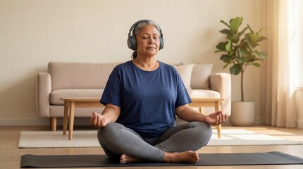 Mature Asian woman meditating in lotus pose with headphones on yoga mat at home. Listening to body through guided audio for mindfulness and self-awareness. Yoga practice for relaxation and personal