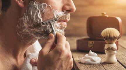 Man shaving mustache and beard with straight razor. Closeup of traditional wet shave using foam and brush. Barber grooming technique for facial hair aesthetics and personal hygiene concept in rustic