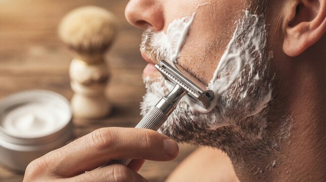 Man shaving beard with straight razor in closeup view. Traditional wet shaving technique using shaving cream and brush. Personal grooming and facial care concept for mens hygiene routine. - Powered by Adobe