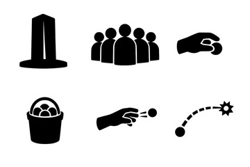 Black silhouette icons set for outdoor lawn game showing players, target, and throwing action © AVRIX