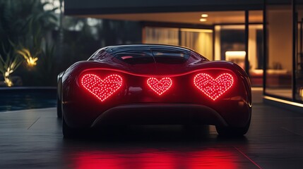 A sleek sports car with heart-shaped taillights is parked in a modern driveway at night