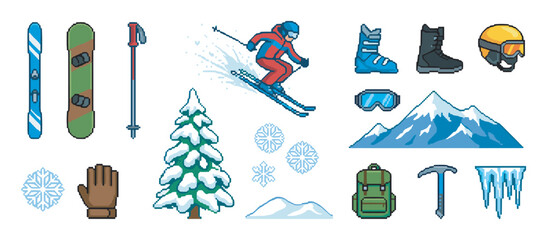 Obraz premium Colorful pixel art icon set of winter sports and alpine climbing gear with a skier, mountains, and snowflakes in a retro 8-bit video game aesthetic