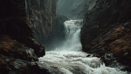 Waterfall plunges between rocky cliffs