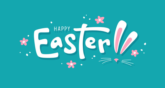 Cute and funny Happy Easter lettering with bunny ears. Easter greeting card or banner design with hand drawn text, font.