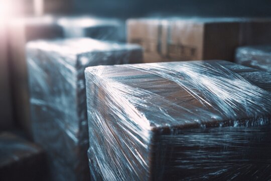 Close-up of Pallet Wrap on Boxes with Abstract Texture and Highlights