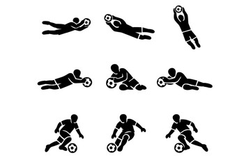 Black silhouette icons set of soccer players dribbling and goalkeepers diving to save the ball © AVRIX
