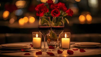 Romantic candlelight dinner setting with wine glasses