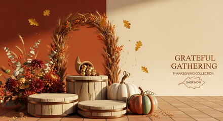 Autumnal harvest display featuring wooden pedestals, fall florals, cornucopia filled with golden spheres, and decorative pumpkins for seasonal promotion