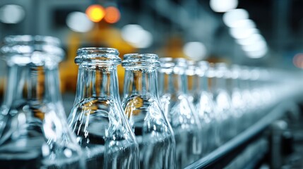 Close-up of Empty Glass Bottles Aligned on Production Line with Blurred Machinery