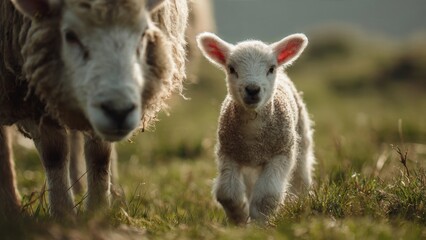 Obraz premium Adorable Lamb Running in a Field with Mother
