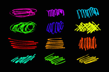 Fototapeta premium Set multi colored untidy scribble lines, doodles Hand drawn pencil curved lines, crayon drawing isolated on black background Colorful charcoal abstract elements Squiggles, marker scribbles, cratches