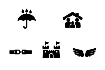 Protection and security symbols: umbrella, family, seatbelt, castle, wings
