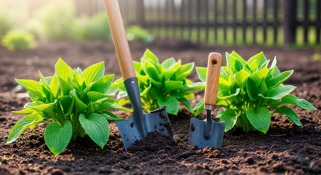 Gardening tools shovel and trowel resting in rich dark soil near healthy green hosta plants