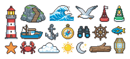 Obraz premium Set of nautical pixel art icons featuring a lighthouse, boat, anchor, crab, and other sea life elements in a retro video game style