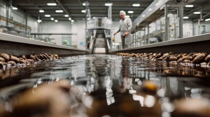 Industrial Washing Line with Sugar Beets and Technician Observing Process