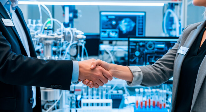 Close-up of two business people shaking hands in a modern laboratory setting with scientific equipment and screens, signifying innovation and research collaboration