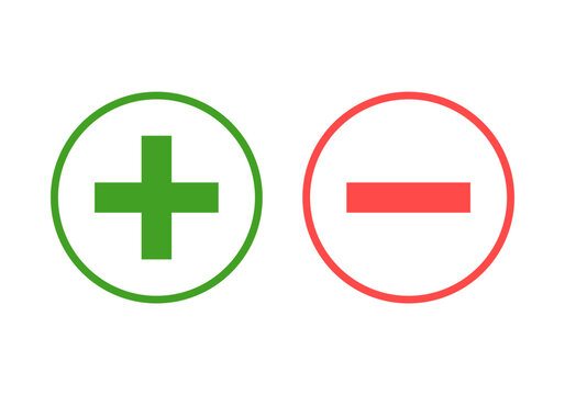 Plus and minus sign set. Vector. Green plus and red minus symbol