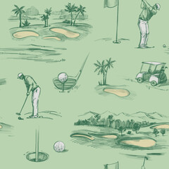 Golf sketch seamless pattern. Golf players, course, Sports illustration. Hand drawn © aksol