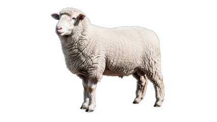 Obraz premium A side view of a white sheep standing on a dark surface, isolated against a transparent backdrop