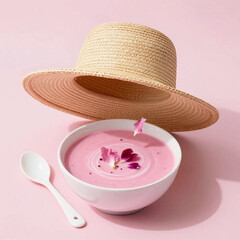 Pink soup bowl garnished with purple orchids spoon beside straw hat on pastel pink