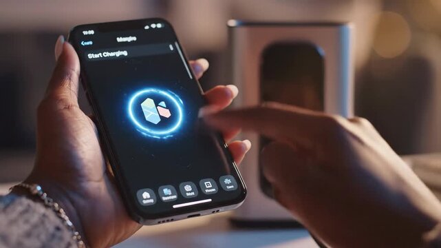 In a cozy indoor setting, a user engages with a mobile device while managing charging features. Glowing notifications and interactive screens underscore the blend of technology and lifestyle.