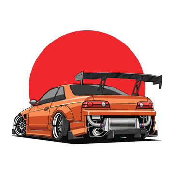 Vector illustration: aggressive orange custom sports car, rear view, wide body, red circle background.