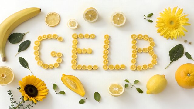 &ldquo;The word &lsquo;Gelb&rsquo; formed from realistic yellow objects such as bananas, lemons, sunflowers, bright pastel tones, soft shadows, clean white background, close-up, photorealistic style, educational kids p