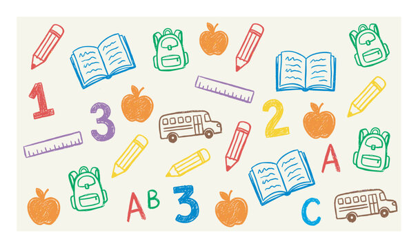 Colorful hand-drawn school supply icons pattern with pencils, books, backpacks, apples, and buses in a playful crayon doodle style representing elementary education and learning