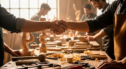 Carpenters shaking hands over workbench in professional woodworking studio with wood shavings hand tools and team of craftsmen working in background