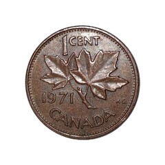 High quality image of a vintage Canadian one cent coin from 1971 featuring the iconic maple leaf, highlighting classic currency design and numismatic history.