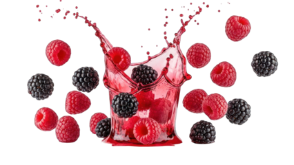 Berries splashing in a vibrant, ruby-red liquid, with a dynamic, isolated presentation