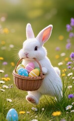 Cute Easter bunny and Easter eggs on a light background