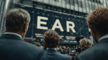 Business professionals gather before a marquee displaying ear
