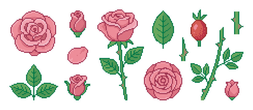 Collection of pink rose pixel art elements showing flowers, buds, petals, leaves, thorny stems, and a rosehip in a charming retro 8-bit video game graphic style