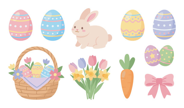 Charming collection of Easter holiday illustrations with a cute bunny, decorated eggs, a basket, and flowers, all rendered in a sweet pastel flat design for festive seasonal use