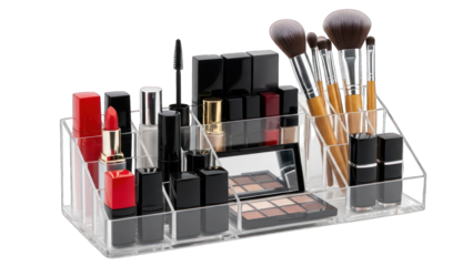 Clear acrylic organizer filled with makeup products lipsticks, brushes, and palettes